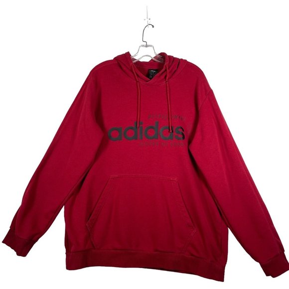 Adidas Mens Pullover Hoodie Sz XL Red‎ Spell Out Logo Pocket Long Sleeve Stretch - Picture 1 of 10